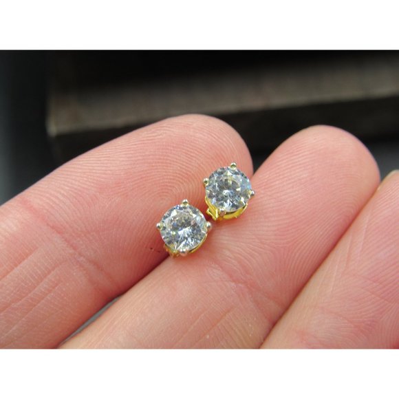 Sterling Silver Gold Plated Bright Round CZ Plain Stud Earrings Vintage Wedding - Picture 2 of 6